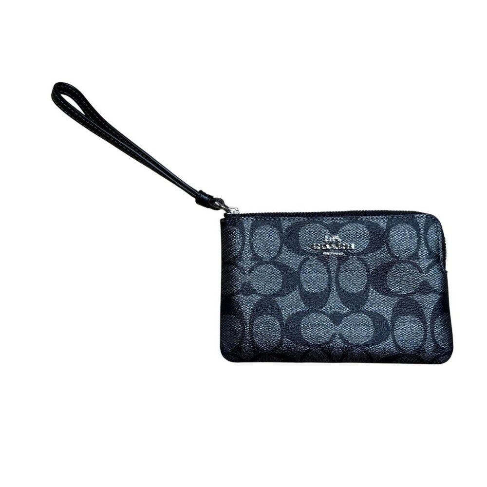 Coach Black Signature‎ Leather Zip Wristlet Wallet Silver/Black